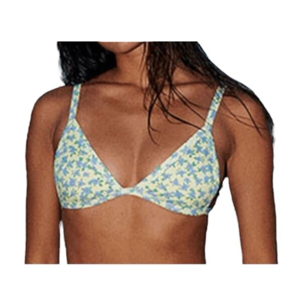 PacSun Chloe Fixed Triangle Bikini Top Yellow Blue Floral Print Swimsuit S - Picture 1 of 8